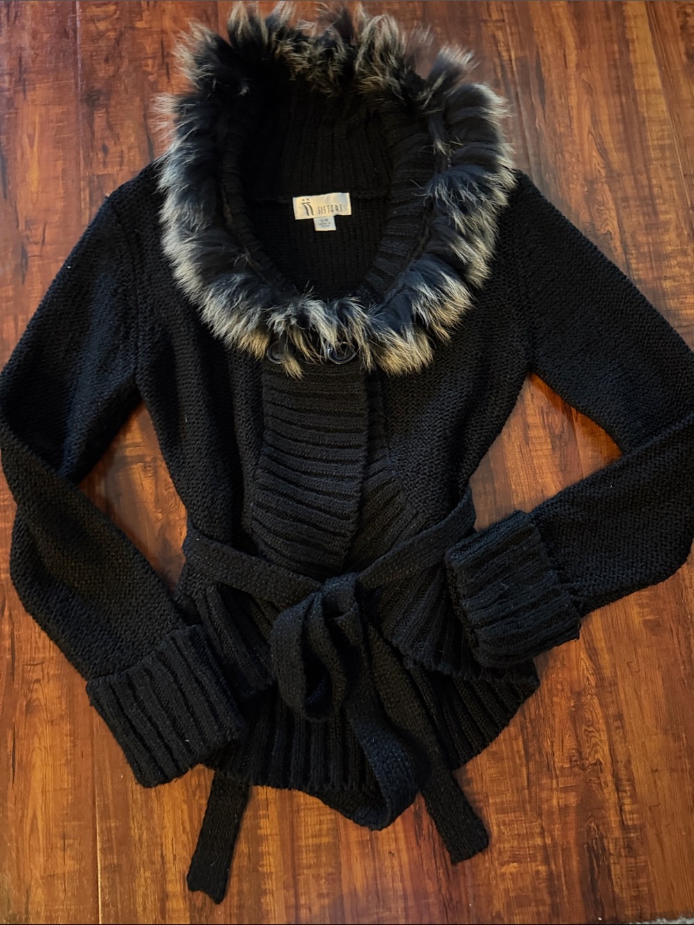 Black Faux-Fur Trim Shawl Collar Knit Cardigan Jacket